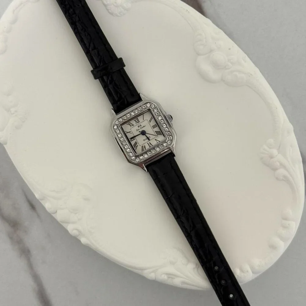 Sku0152 SIlver black strap zircon stones women casual square watch + gift bag